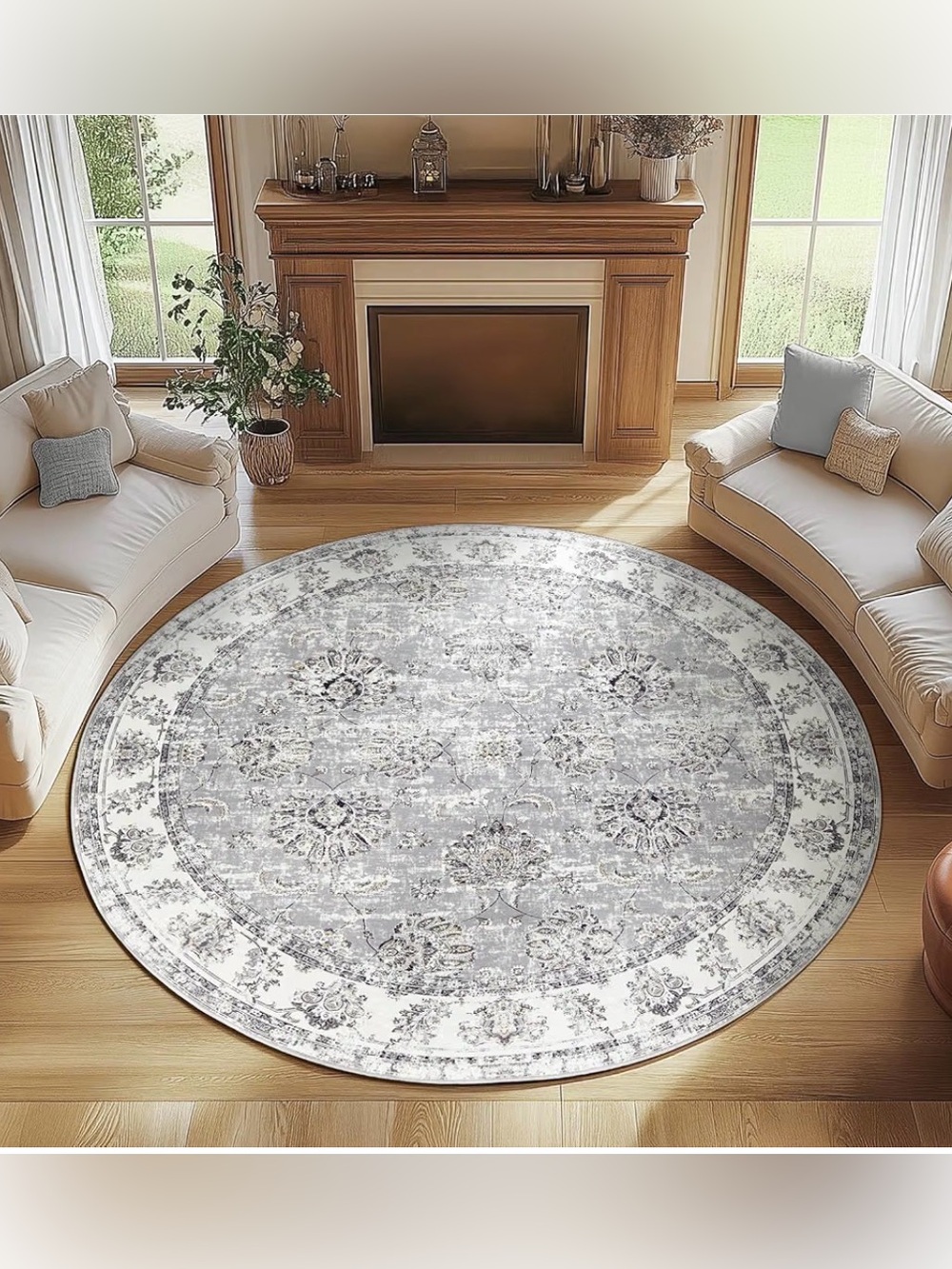 Round 7ft Grey Washable Rug